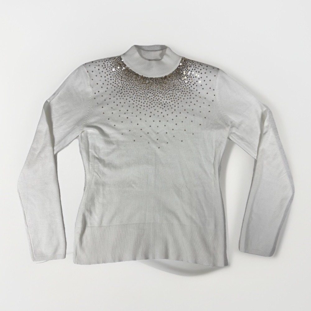 Belldini Sequin Mock Neck Sweater Womens Medium White Embellished Holiday Glam